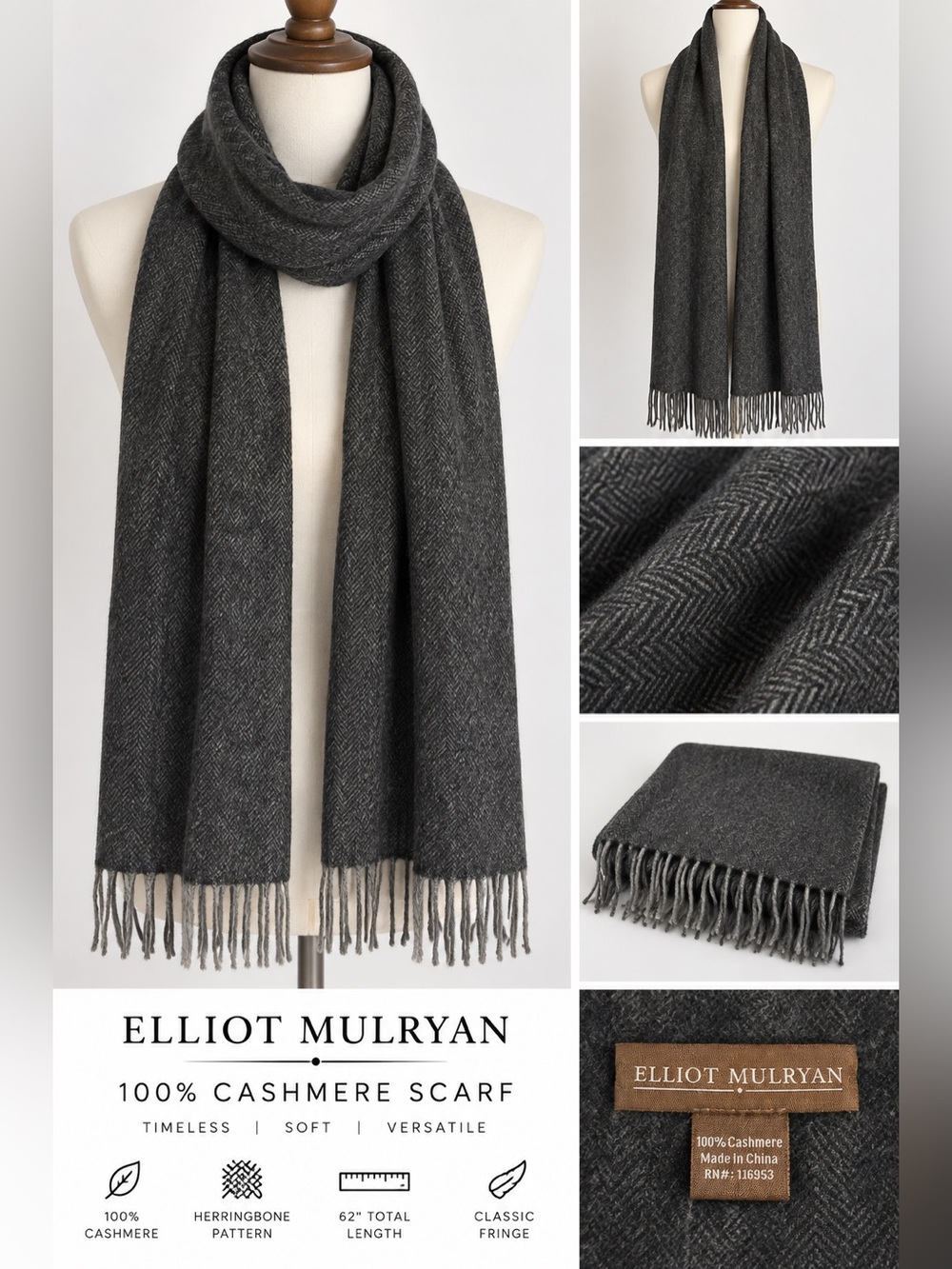 Elliot Mulryan 100% Cashmere Scarf Charcoal Gray Herringbone Fringe